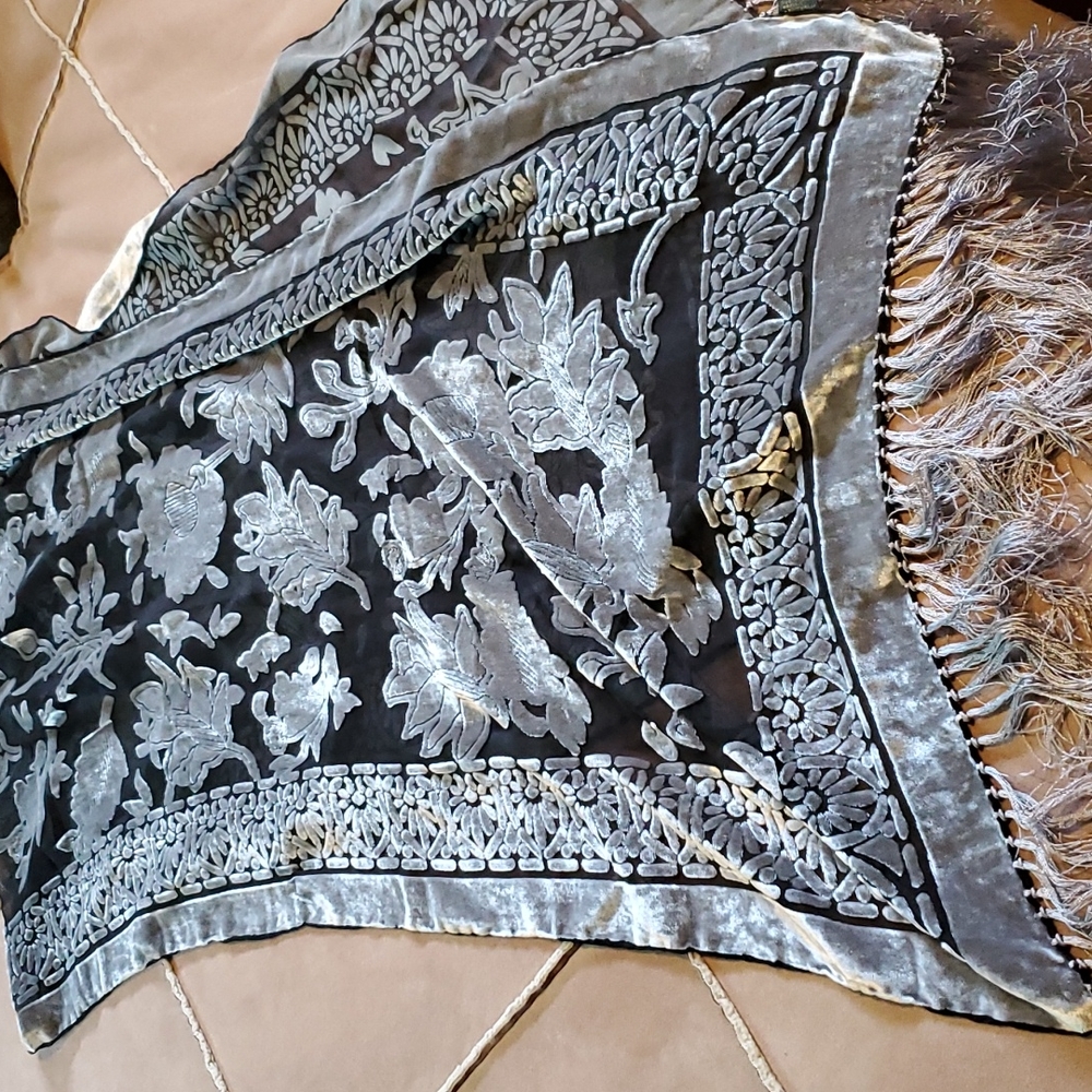 Gray velvet burnout wrap with fringe